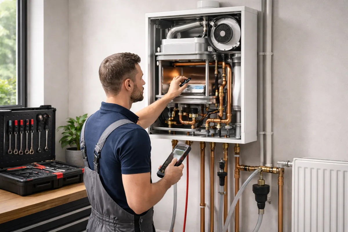Heating engineer at work on boiler