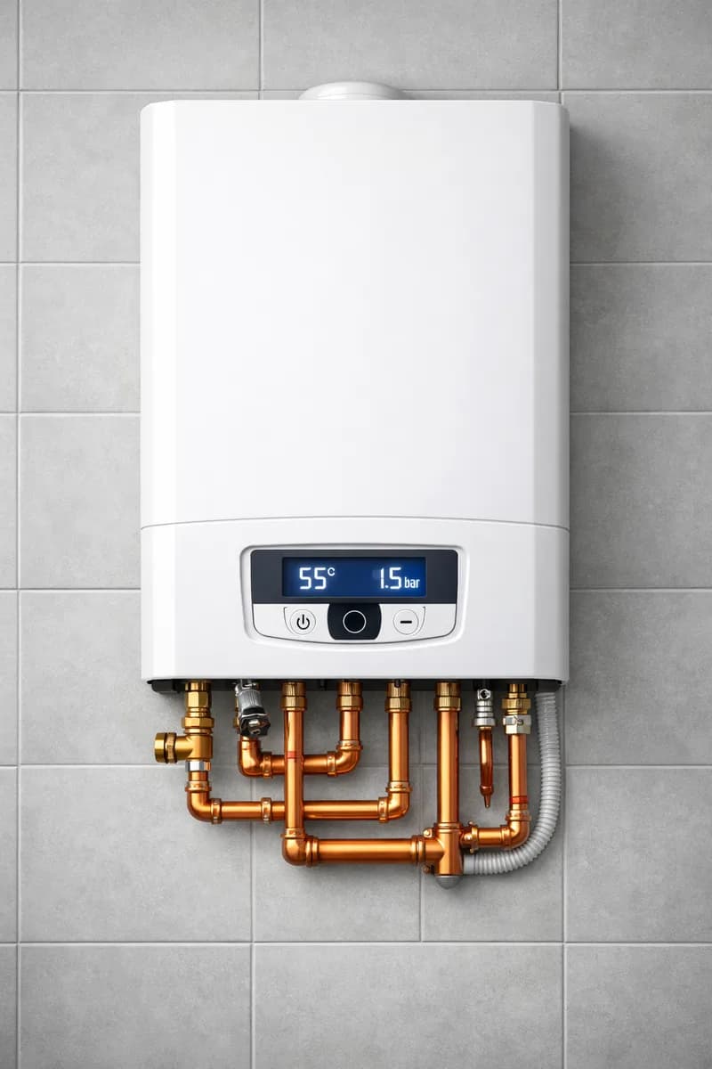 Modern wall-mounted boiler with copper pipes